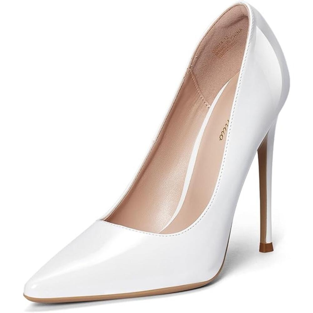 Genshou Womens Size 7 White Patent Leather 5" Heel Pointy Closed Toe Pumps Shoes